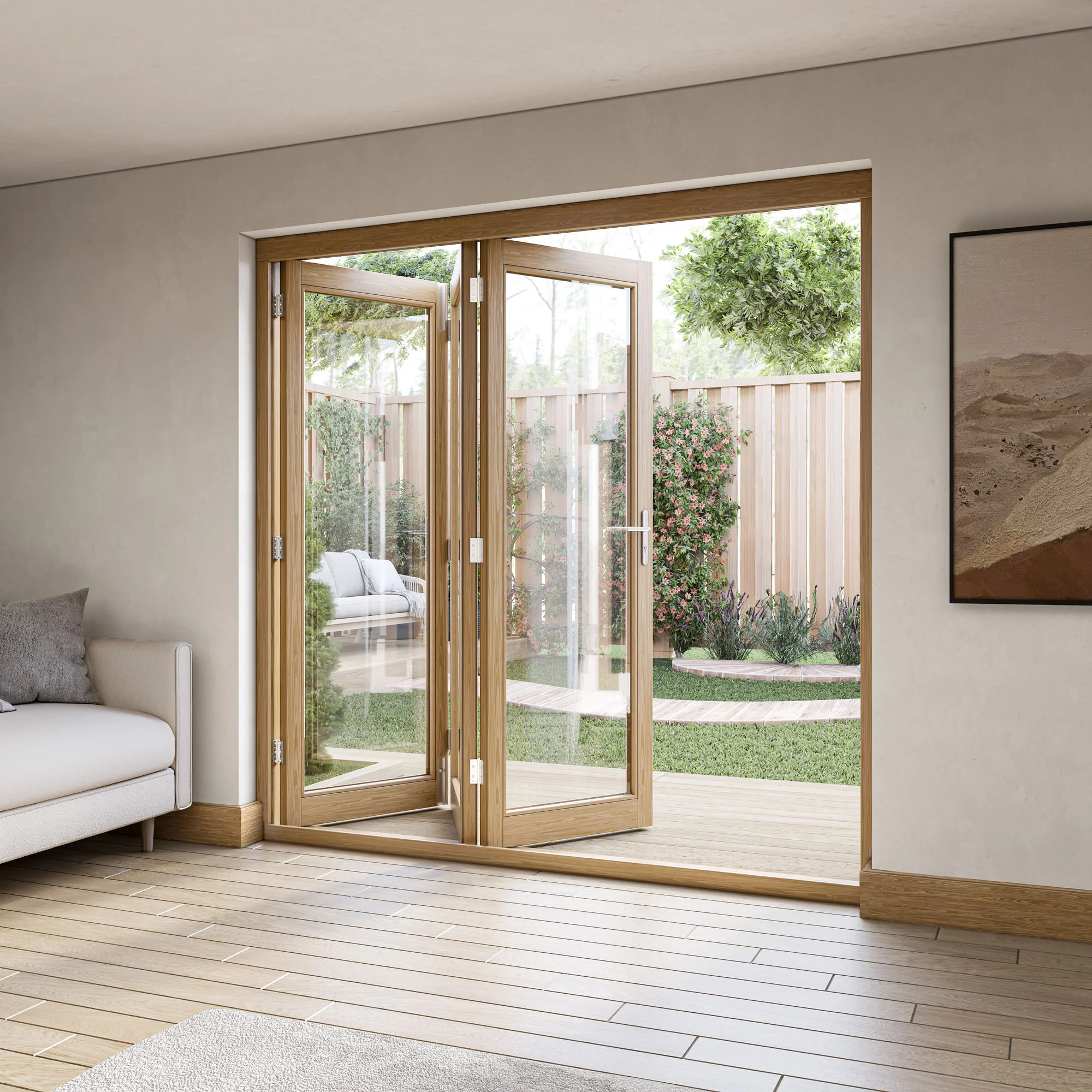 Oak External Fully Finished External Folding Patio Door Set 3+0 - Image 11