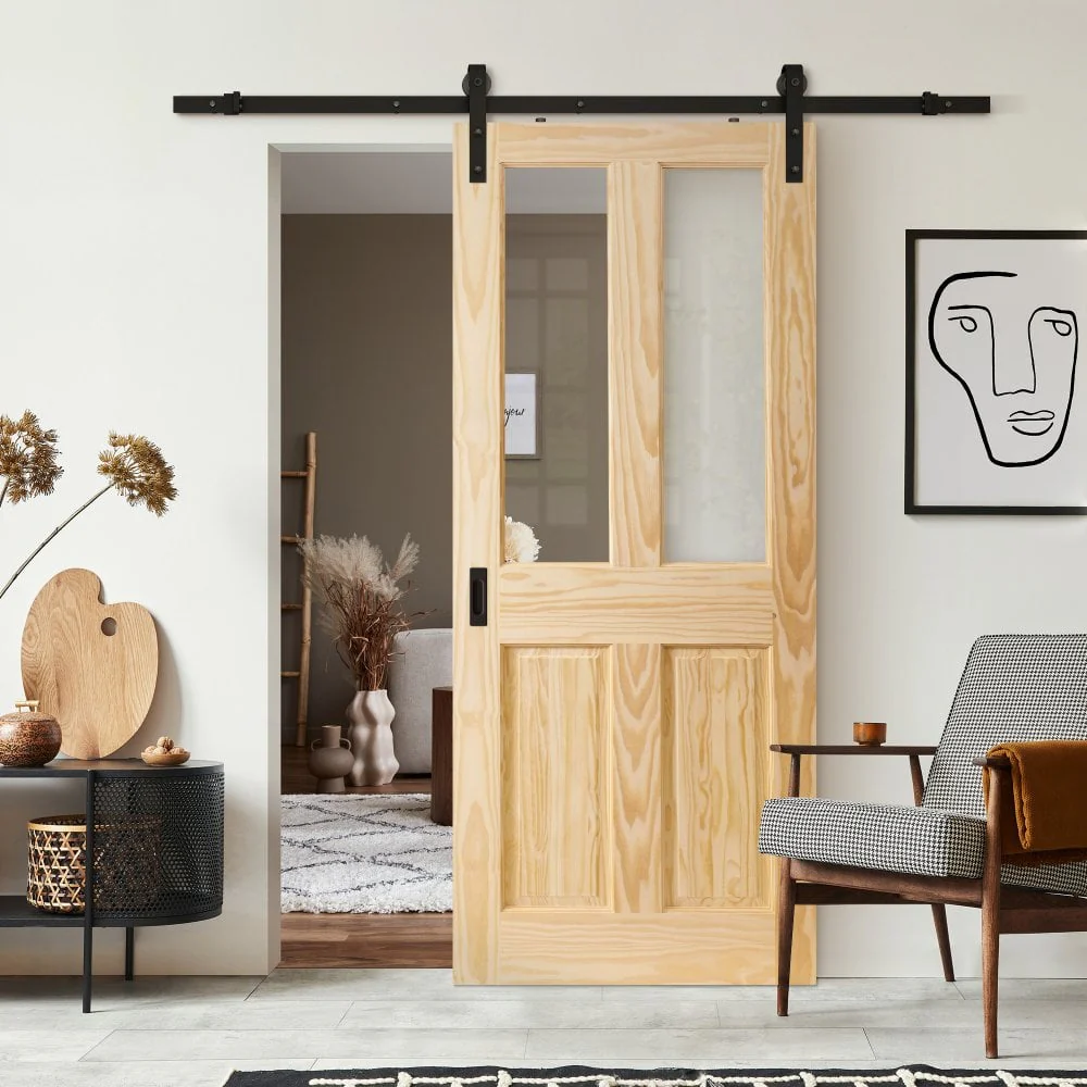 Clear Pine Internal Unfinished 2 Panel 2 Light Clear Glass Sliding Door - Black Face Mounted