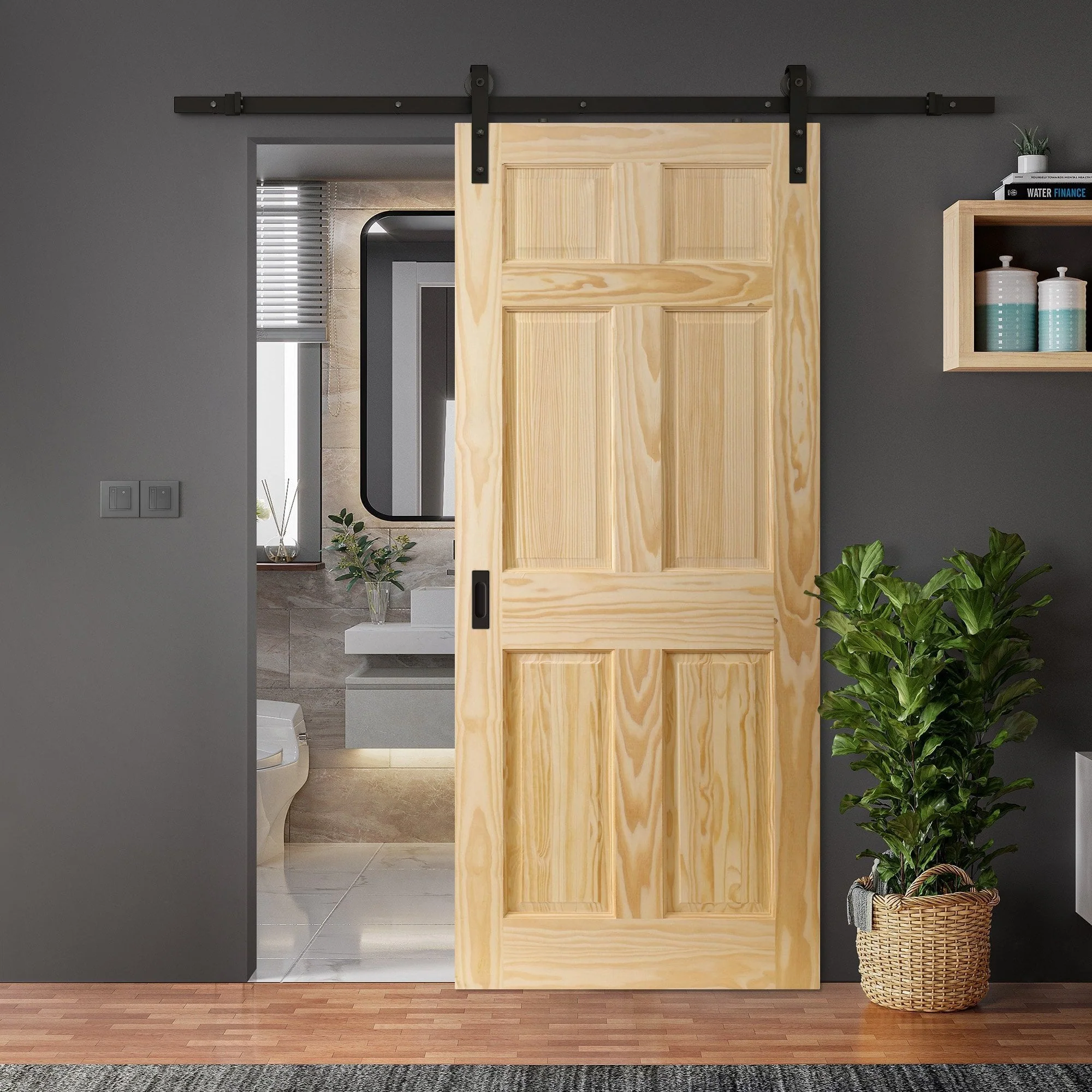 Clear Pine Internal Unfinished 6 Panel Door Sliding Door - Black Face Mounted - Image 2