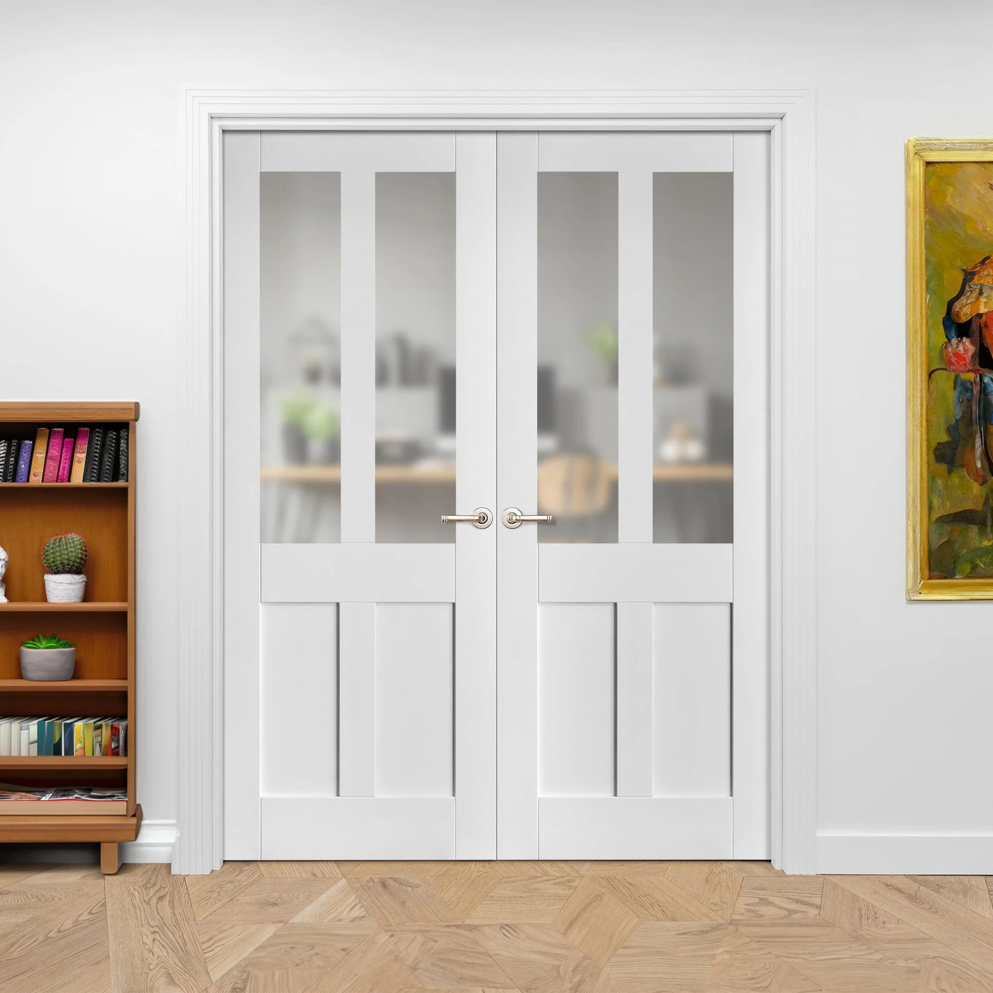 Internal White Primed Victorian 2 Panel 2 Light Obscure Glass French Door (121439) - Image 3