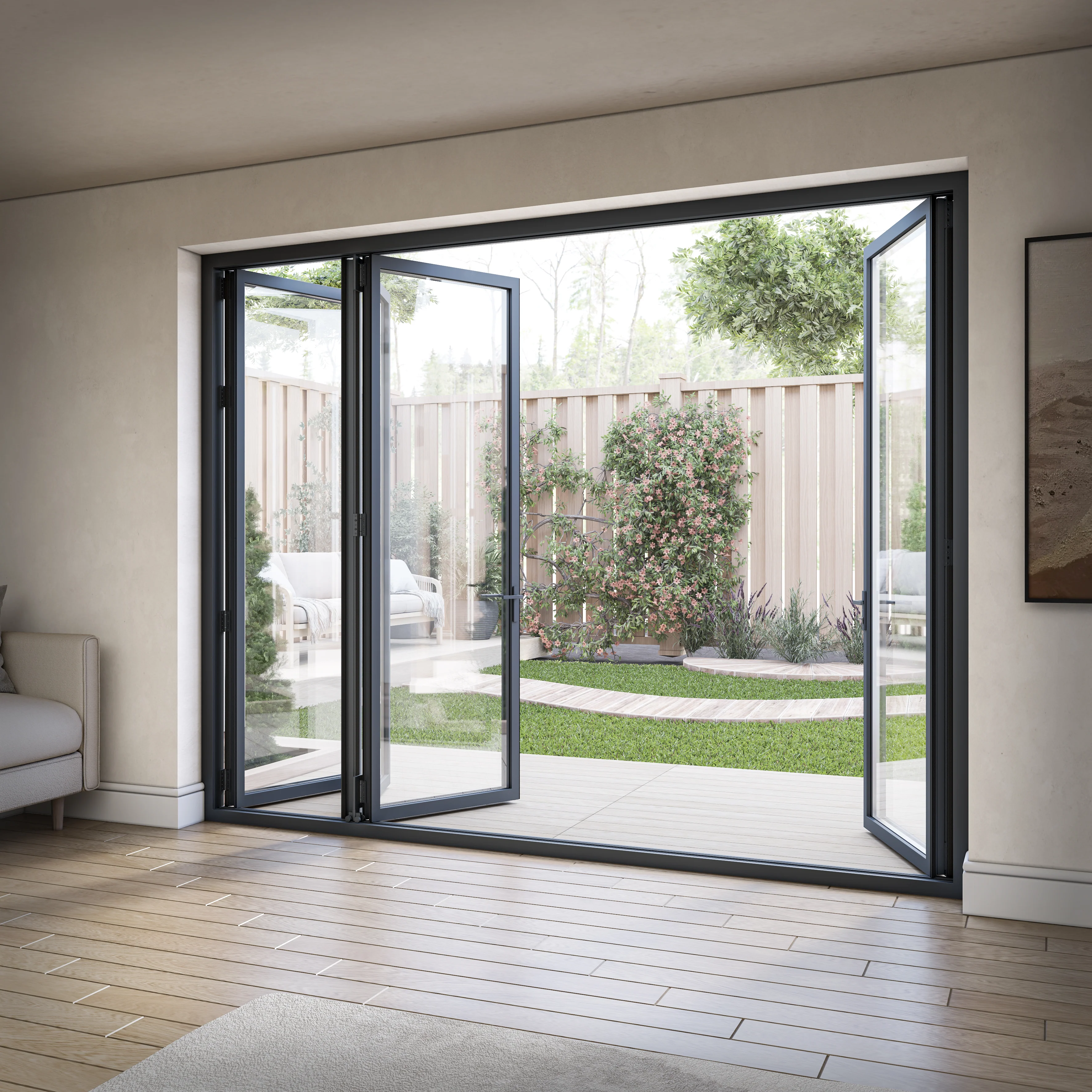 Matt Grey Aluminium External 3+1 Clear Glass Folding Patio Door - Image 4