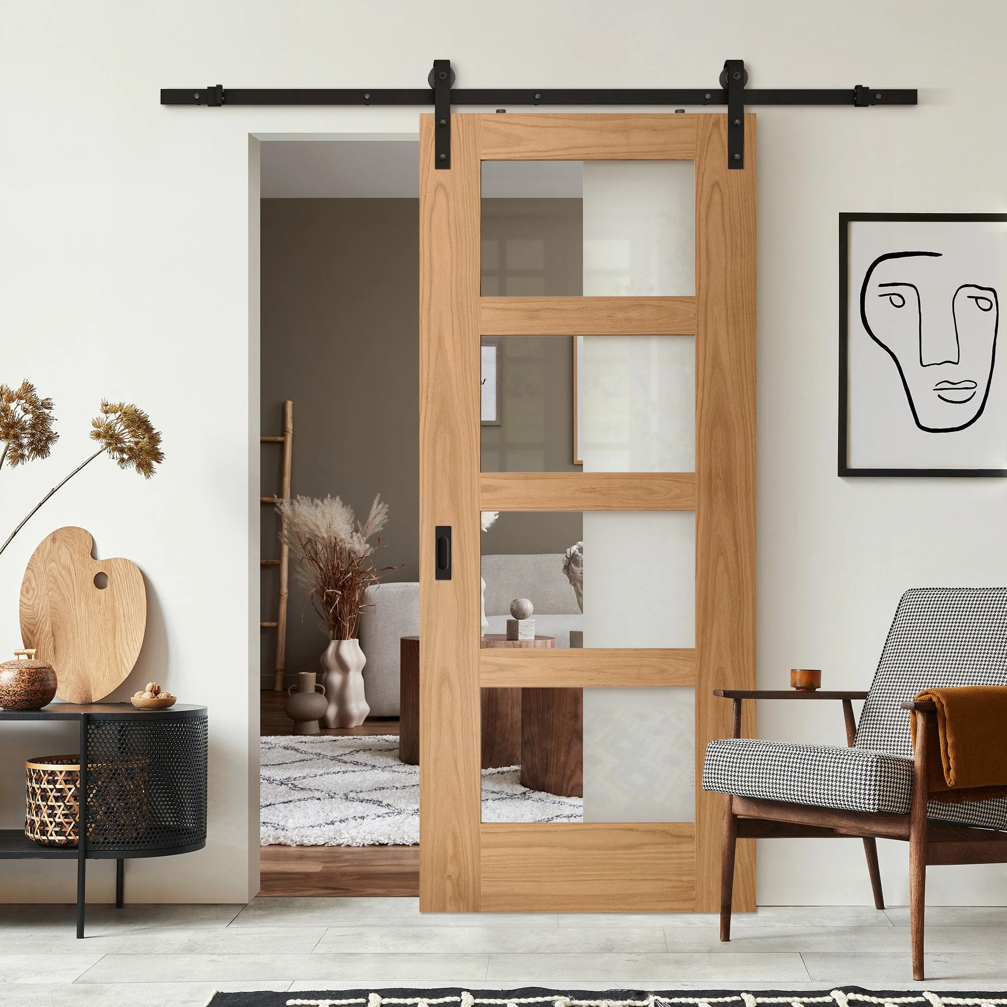 Oak Internal Unfinished Shaker 4 Light Clear Glass Sliding Door - Black Face Mounted