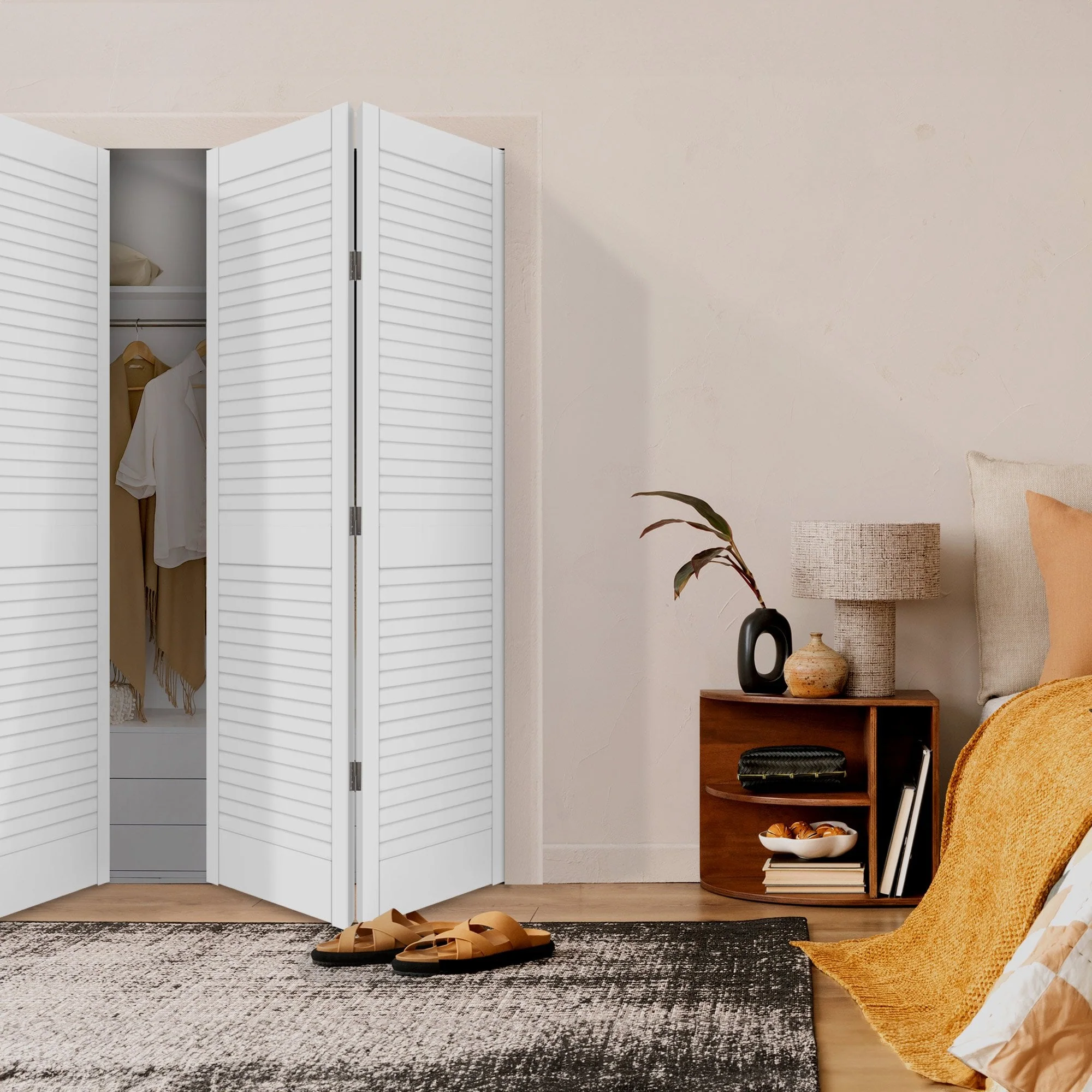 White Painted Internal 28mm Open Louvre Bi-fold Wardrobe Door Set - Image 3