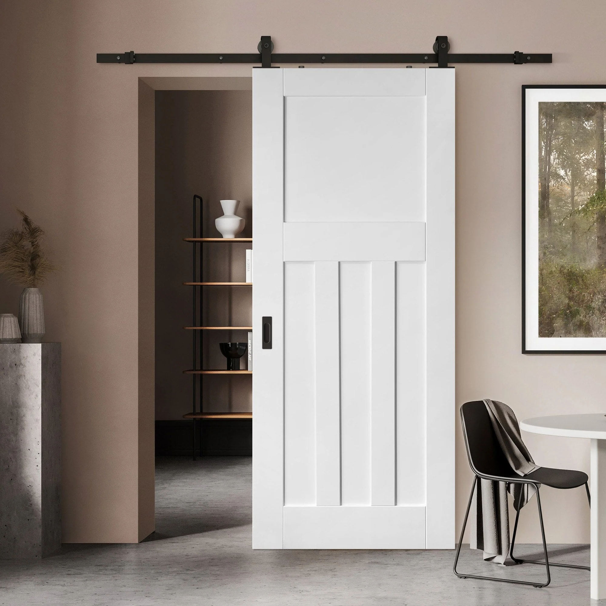 White Primed Internal 1930's DX 4 Panel Sliding Door - Black Top Mounted