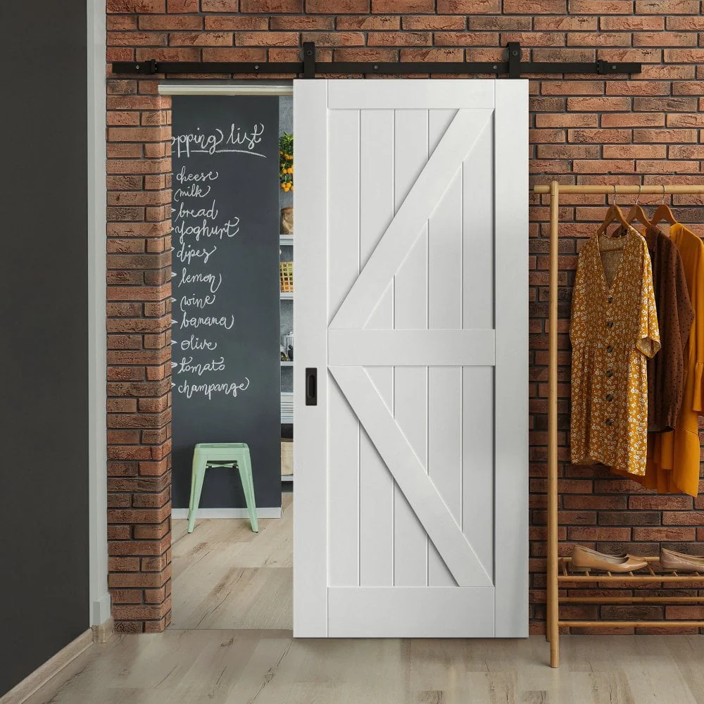 White Primed Internal Barn FLB Sliding Door - Black Top Mounted
